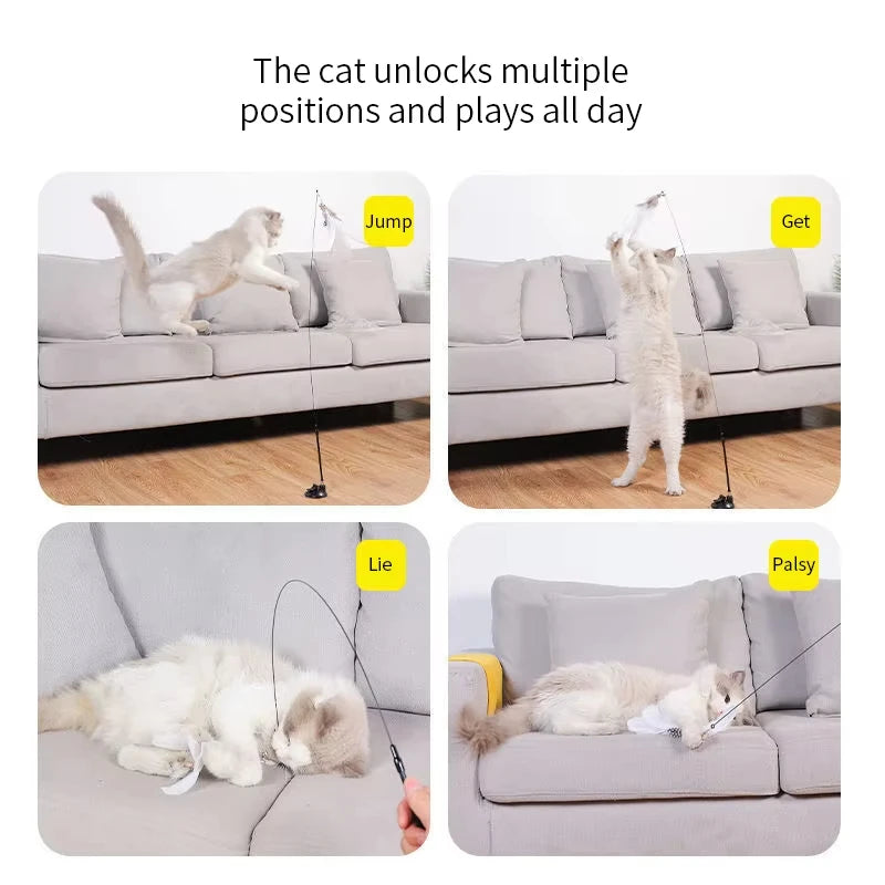 Brinquedo interativo para gatos, varinha com ventosa e penas, ideal para brincar com gatinhos.