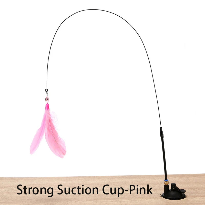 Brinquedo interativo para gatos, varinha com ventosa e penas, ideal para brincar com gatinhos.