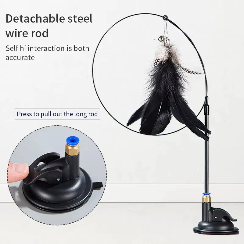 Brinquedo interativo para gatos, varinha com ventosa e penas, ideal para brincar com gatinhos.