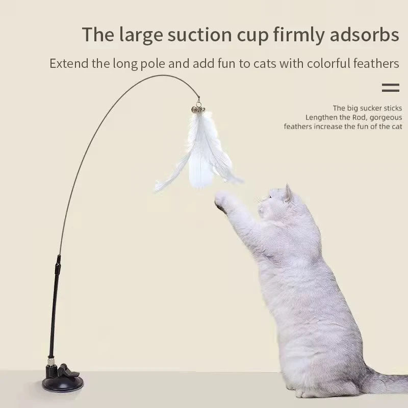 Brinquedo interativo para gatos, varinha com ventosa e penas, ideal para brincar com gatinhos.