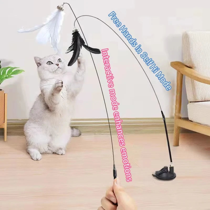 Brinquedo interativo para gatos, varinha com ventosa e penas, ideal para brincar com gatinhos.