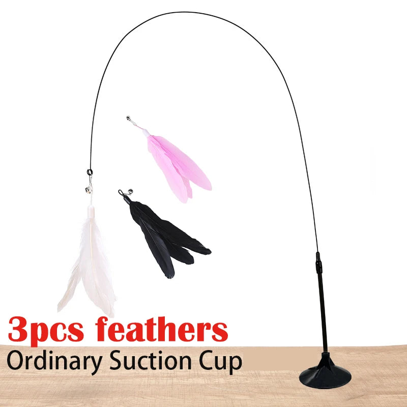 Brinquedo interativo para gatos, varinha com ventosa e penas, ideal para brincar com gatinhos.