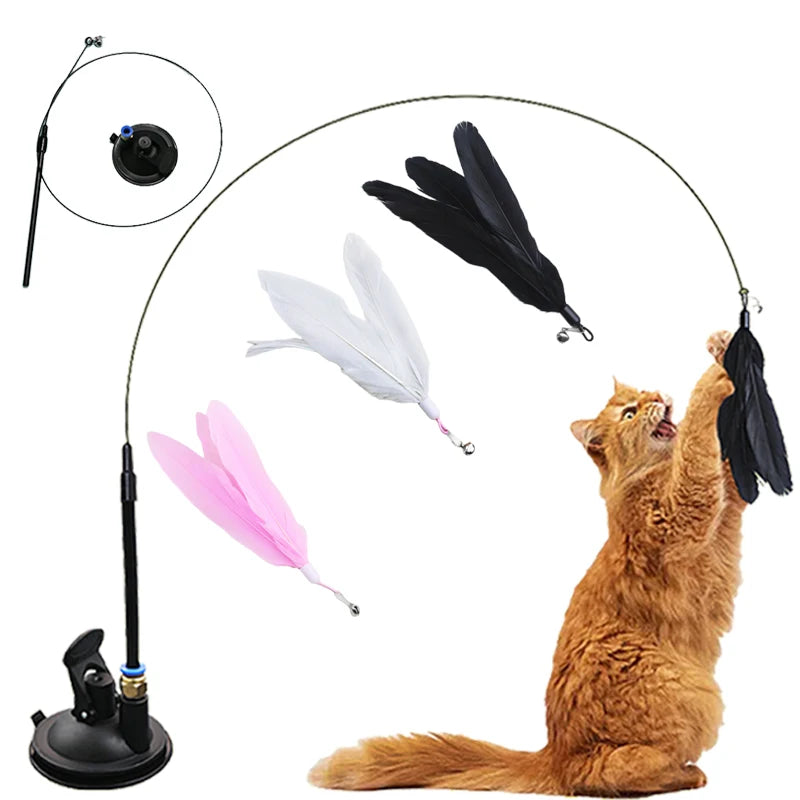 Brinquedo interativo para gatos, varinha com ventosa e penas, ideal para brincar com gatinhos.
