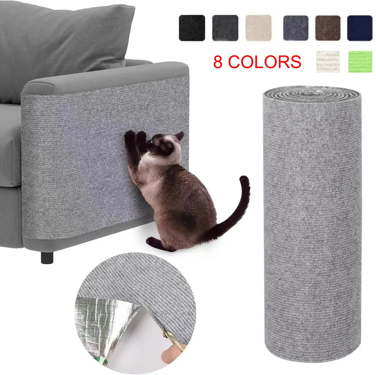 Tapete arranhador autoadesivo para gatos, recortável, ideal para arranhar cantos e paredes.
