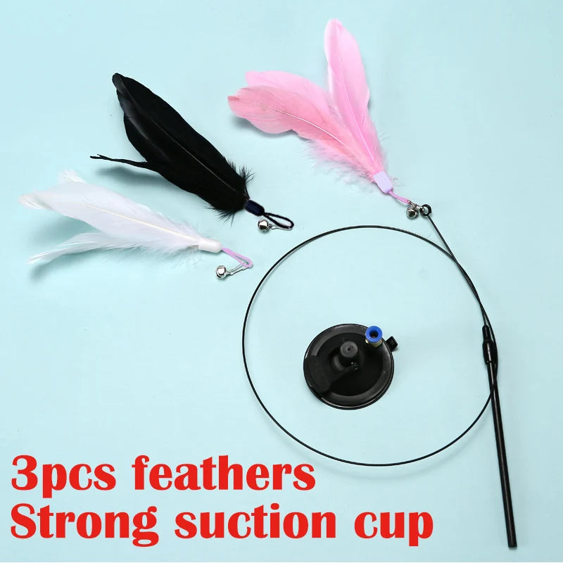 Brinquedo interativo para gatos, varinha com ventosa e penas, ideal para brincar com gatinhos.